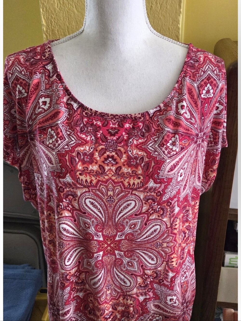 Women’s Short Sleeve Scoop Neck Top in Pink Paisley